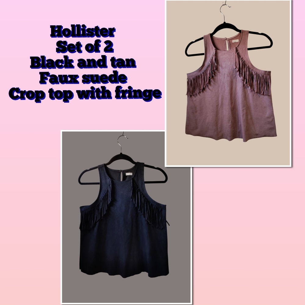 Hollister Set Of 2 Black & Tan Faux Suede Fringe Crop Tops Juniors Size Small